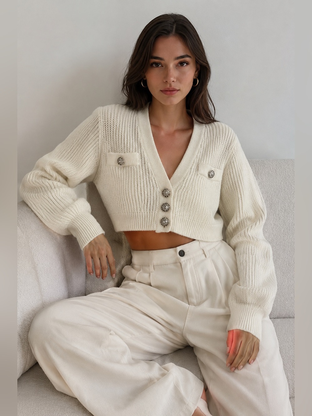 Alessandra Rich Ivory Cropped V-Neck Knit Cardigan with Decorative Buttons